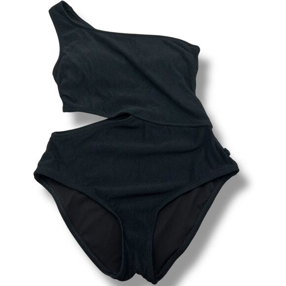 NWT Michael Kors Black One Piece Swimsuit Size 12 One Shoulder Ribbed Cut Outs - Picture 2 of 7